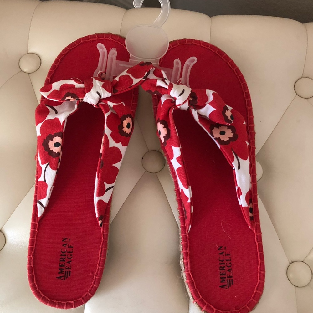 American Eagle  Red White BOW Knot Espadrille Slide Thong Sandal
